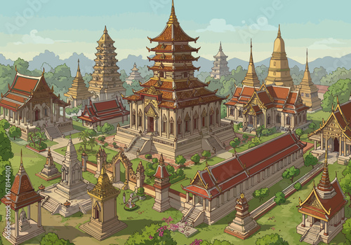 An illustration depicts a temple complex with diverse pagodas and buildings set amongst lush greenery