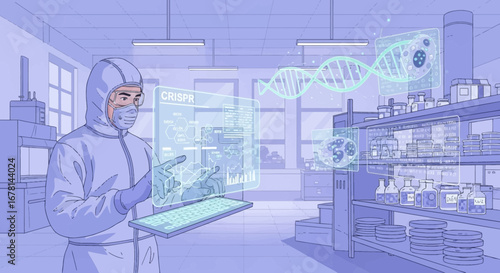 Futuristic laboratory with scientist utilizing CRISPR technology for research