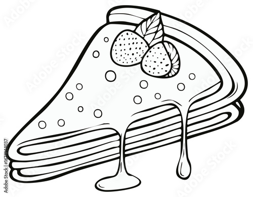 Pancake stack with drizzled syrup and strawberries illustration, simple vector outline drawing