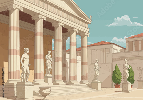 Ancient Greek building facade with columns statues trees and cloudscape