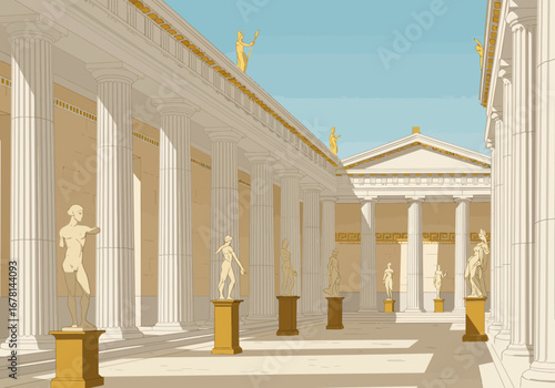 Ancient Greek architecture featuring colonnades statues and classical design under a bright sky