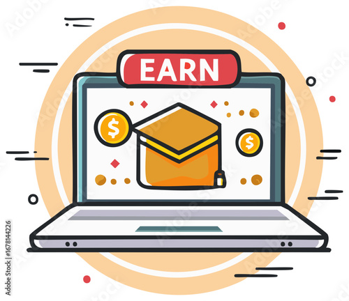 Online education concept with graduation cap and money on laptop