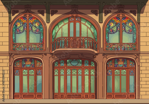 Art Nouveau building facade with arched windows balcony and decorative details
