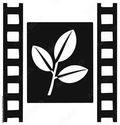 Film reel and sprig graphic, botanical illustration on media symbol for nature documentaries