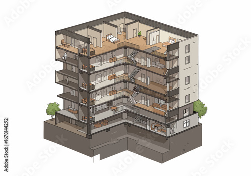 Building crosssection multistory structure shows rooms and interior architecture cutaway view