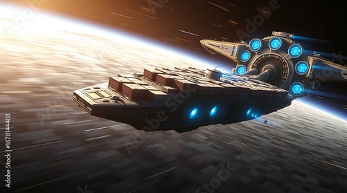 Fototapeta Naklejka Na Ścianę i Meble -  Futuristic Interstellar Cargo Freighter Docking at Orbital Space Station