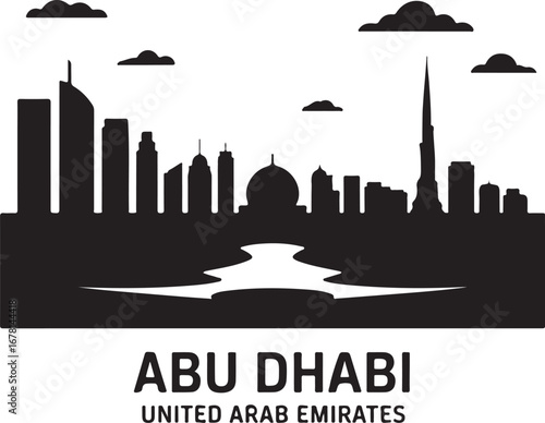 Abu Dhabi skyline horizontal banner vector illustration, black silhouette of United Arab Emirates city on white background