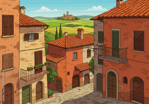 Cartoon Italian village scene with tiled roofs shutters and distant castle under a blue sky