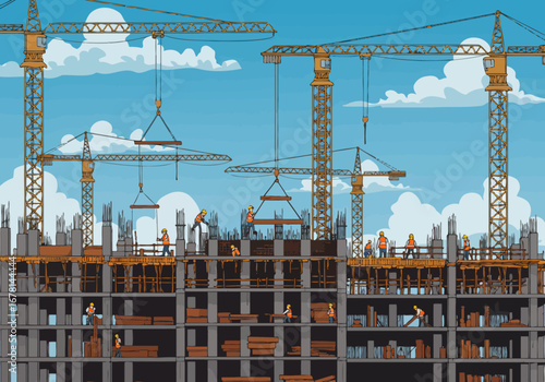 Cartoon of a construction site with cranes workers and a building under construction against a blue sky