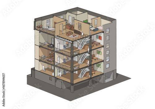Cutaway view of a fourstory apartment building with interior furnishings and figures
