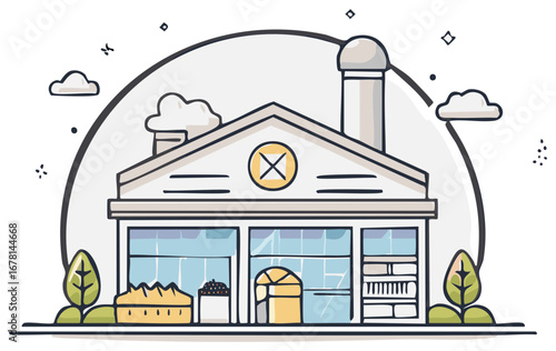 Cartoon Food Factory Illustration with Bread Pastries and Bakery Items in a Building with Plants and Clouds