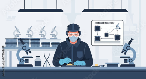 Engineer working on material recovery in a cleanroom environment illustration