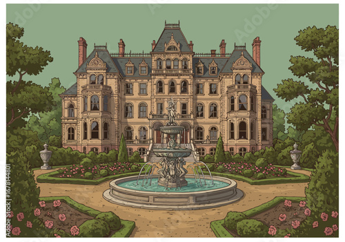 Grand mansion with fountain gardens ornate architecture symmetrical facade
