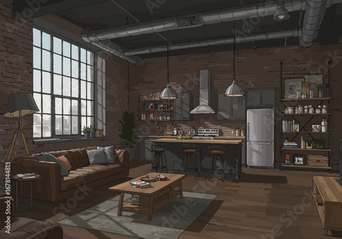Interior scene exposed brick loftstyle apartment with kitchen seating area and large window