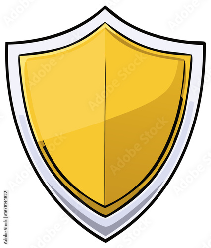 Golden shield illustration isolated on white, stylized icon for protection, security, and defense