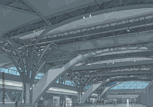 Interior shows a large highceilinged building structure with metal beams  columns Blue windows add light