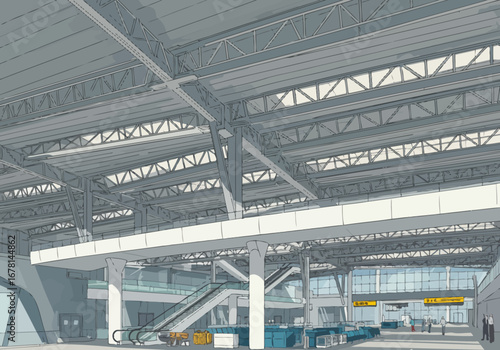 Interior view of an airport or large building showing ceiling trusses columns and interior architecture