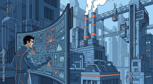 Futuristic industrial monitoring interface with operator and urban landscape