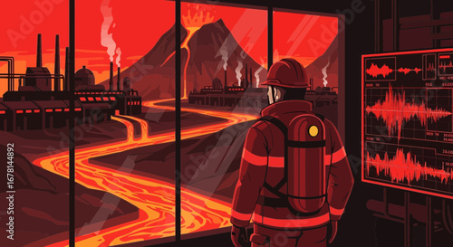 Firefighter monitors industrial volcanic eruption for safety and damage control