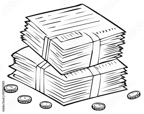 Stacks of paper documents tied with bands and scattered coins