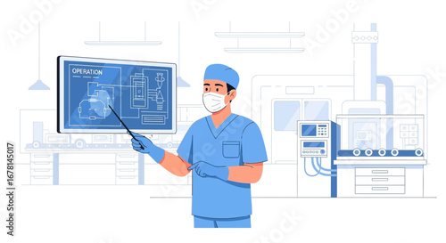 Surgeon explaining operation plan on screen with medical equipment background