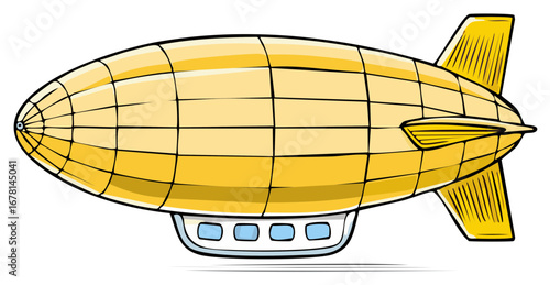 Cartoon Yellow Airship Floating with Passengers Cabin Vector Illustration isolated