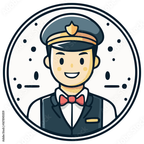 Smiling Chauffeur in Uniform and Cap Vector Icon. Friendly Driver or Doorman Mascot Logo