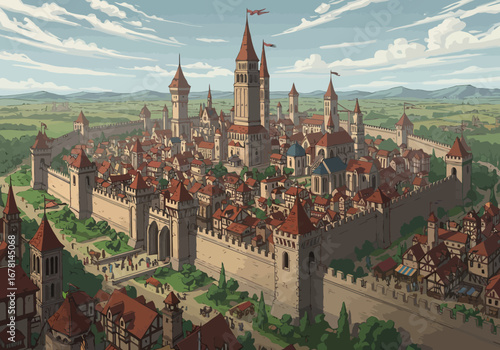 Medieval city high walls red rooftops tall towers under a cloudy sky