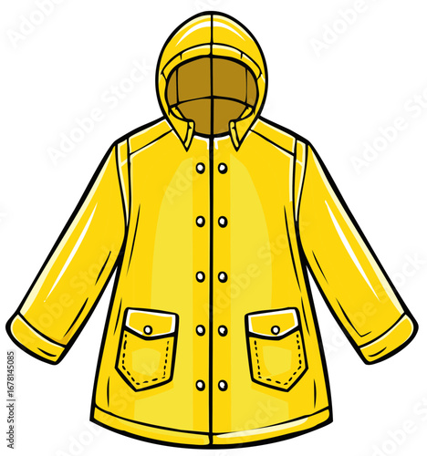 Yellow Raincoat with Hood and Pockets. Flat illustration of a waterproof jacket for wet weather.