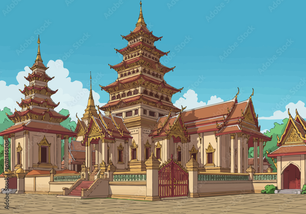 Fototapeta premium Pagodastyle temple with layered roofs golden spires and gated walls under a blue sky with white clouds
