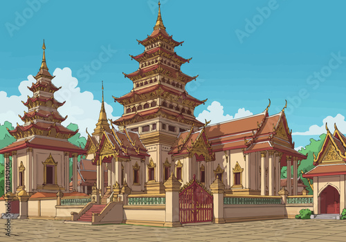 Pagodastyle temple with layered roofs golden spires and gated walls under a blue sky with white clouds