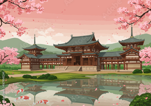 Pixel art depicts a Japanese temple complex during cherry blossom season mirrored in a pond with koi