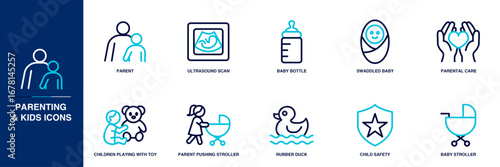 Parenting and Kids Blue Colored Outline Icon Set