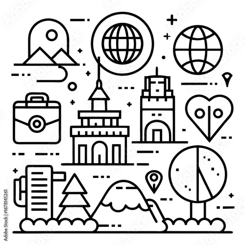 Minimal travel and tourism vector icon pack, clean line style, 100+ icons in a sheet, transparent PNG with white background, designed for travel agencies, guides, maps, and apps.