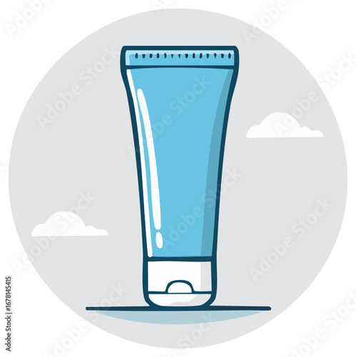Cartoon Style Tube of Blue Cream Skincare Product on Gray Circle Background
