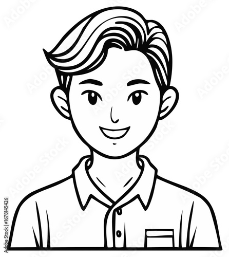 Smiling young man character in black and white line art illustration happy avatar portrait