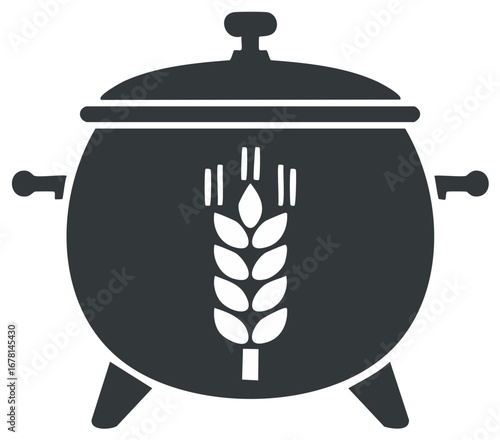 Cast Iron Pot with Grain Motif Rustic Kitchenware Home Cooking Illustration Minimalist Design Symbol of Harvest and Abundance