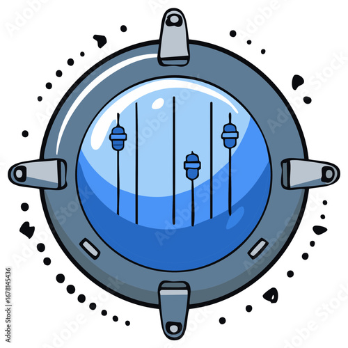 Circular porthole view with vertical blue bars and abstract elements