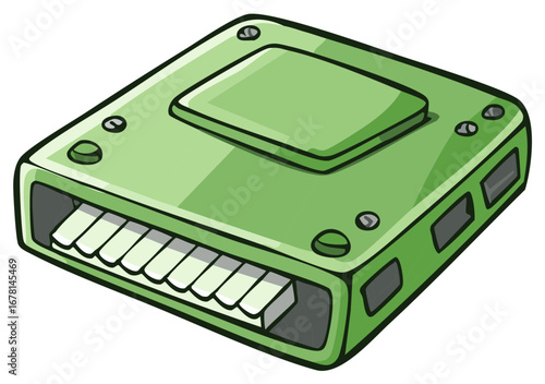 Green electronic device with keyboard and ports illustration
