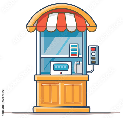 Detailed cartoon illustration of a ticket booth or information kiosk with striped awning and payment system.