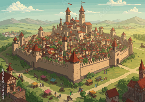 Pixelated medieval city inside walls with castle houses towers market stalls and distant green fields