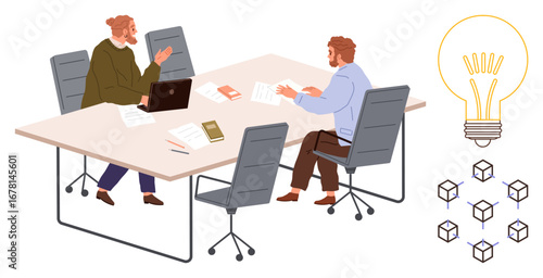 Two colleagues seated at a table collaborating with documents and a laptop. Light bulb and cubes symbolize innovation, brainstorming, problem-solving, teamwork. Ideal for creativity, cooperation