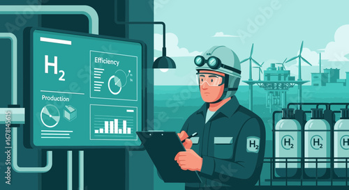 Hydrogen energy production monitoring at offshore wind farm facility portrayal