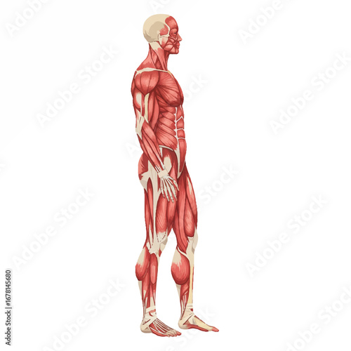 Flat 2D vector illustration of the detailed human muscular system, presented in a clear side view and isolated on a clean white background for medical and educational visuals.