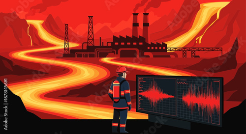 Industrial disaster monitoring firefighter analyzing seismic data near a lava river