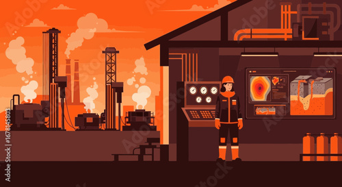 Oil and Gas Industry Illustration: Engineer Monitoring Operations at Sunset