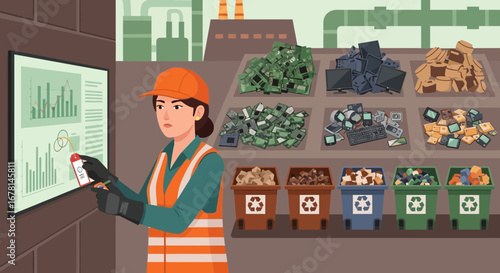 Worker assesses electronic waste recycling data at modern industrial plant