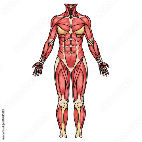 Detailed 2D flat vector illustration showcasing the full body female muscular system, precisely rendered and isolated on a clean white background for educational purposes.