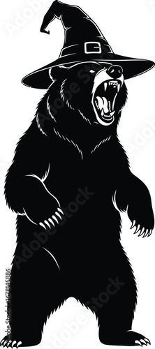 Fearsome bear wearing a witch hat roaring aggressively silhouette
