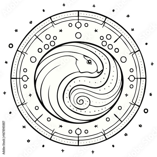 Rabbit lunar zodiac sign outline illustration with circle of stars